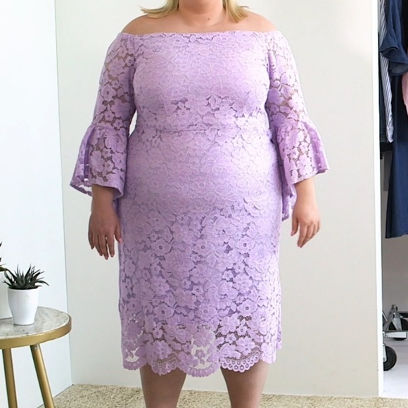 NWT‎ Eloquii Off the Shoulder Flare Sleeve Lace Dress Lilac Purple Size 16 - Picture 1 of 6